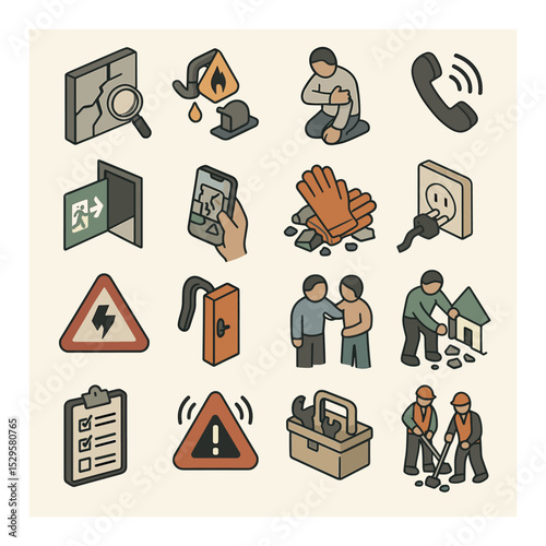 Post-earthquake safety check isometric set. cracked wall inspection, gas leak alert, check for injury icon, emergency call symbol, safe exit path review.