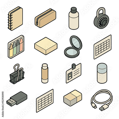 School locker essentials isometric set. spiral notebook, pencil case, water bottle, combination lock, highlighter pack, sticky notes, pocket mirror.