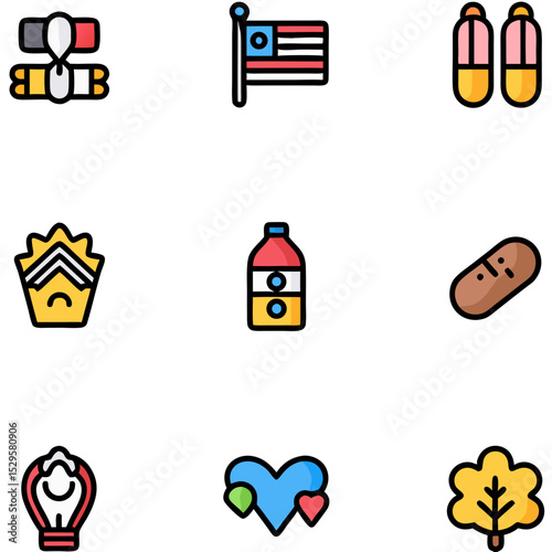 Colorful Icon Set American Flag Pills Crown Drink Bottle Bread Lightbulb Heart Leaf