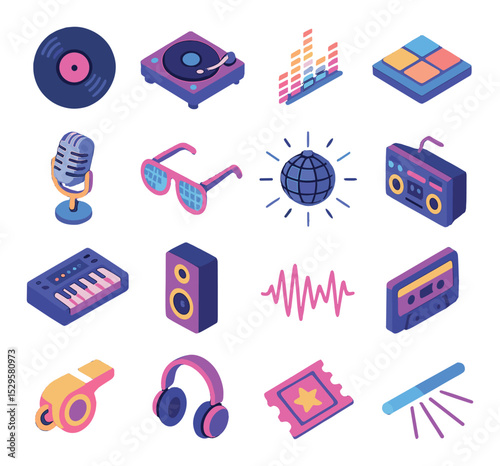 0s music and nightlife isometric set. vinyl record, DJ turntable, neon equalizer, glowing dancefloor tile, retro microphone, sunglasses with grid