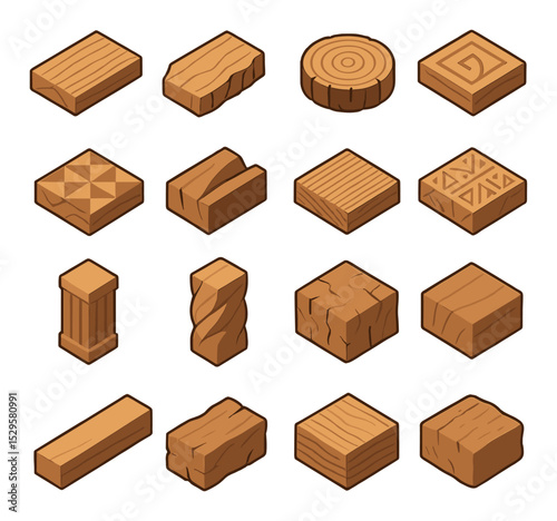 Wood textures and cuts isometric set. smooth grain slice, bark-edged slab, crosscut disc, spiral pattern carving, geometric groove test, deep relief cut.