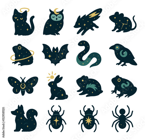 Celestial magical familiars isometric set. starry cat with halo, moon-crowned owl, comet-tailed fox, constellation rat, planet-ringed toad, eclipse bat.