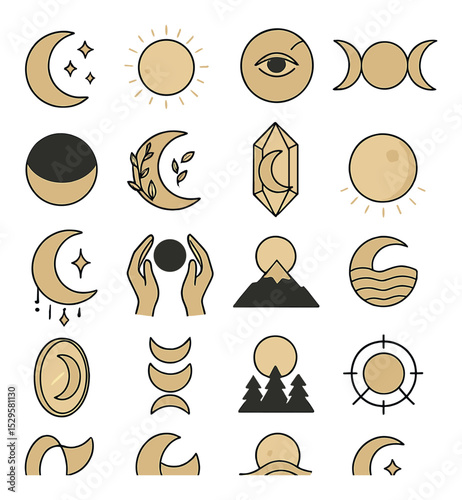 Mystical moon symbols isometric set. crescent with stars, full moon with aura, moon with eye symbol, triple moon goddess, lunar eclipse circle, crescent