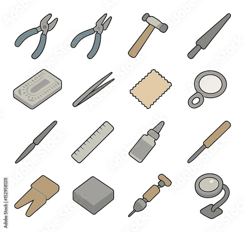 Handmade jewelry tools and materials isometric set. round nose pliers, wire cutters, jewelry hammer, ring mandrel, bead board, tweezers, polishing cloth.