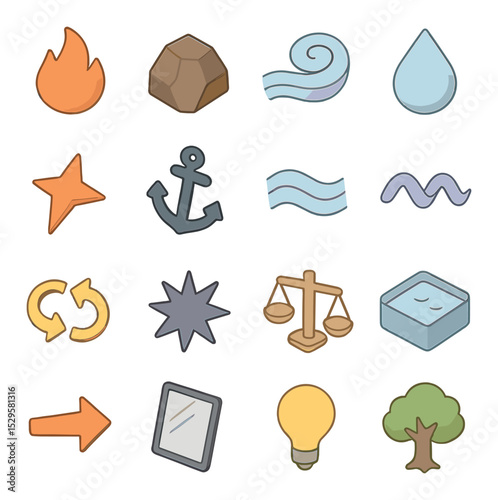 Astrological energy types isometric set. fire sign flame, earth sign rock, air sign swirl, water sign drop, cardinal spark, fixed anchor, mutable breeze.