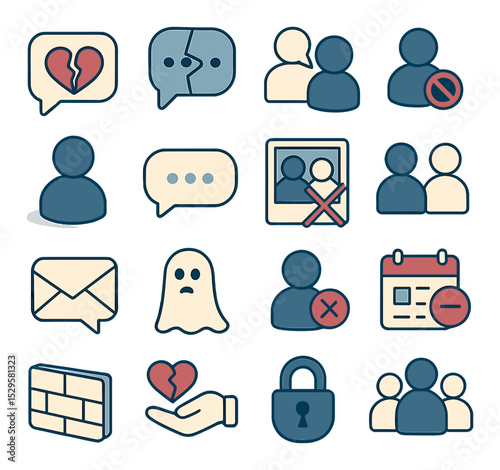 Friendship fallout icons isometric set. broken heart message, split chat thread, ignored apology bubble, blocked contact icon, sad avatar shadow, typing...