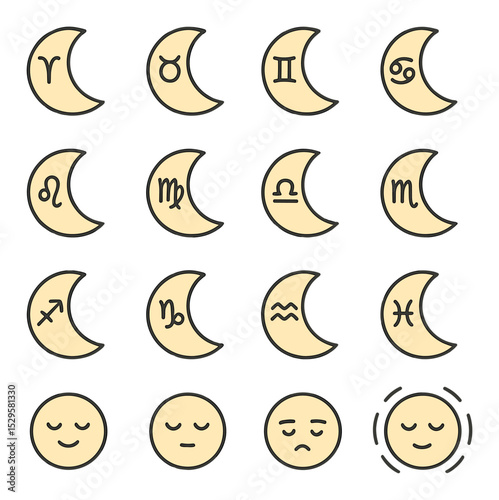 Astrological moon phases isometric set. moon in Aries, moon in Taurus, moon in Gemini, moon in Cancer, moon in Leo, moon in Virgo, moon in Libra, moon in