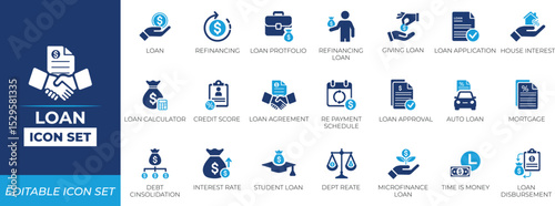 Loan icon set. Money, Borrow, Lending, Interest, Lender, Debt, and credit card, solid icon collection.