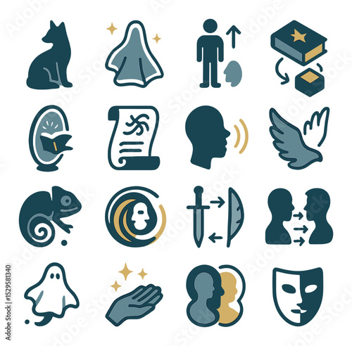 Transformation spells pages isometric set. animal morph glyph, invisibility veil sketch, size change rune, mimic form sigil, mirror reflection chant.