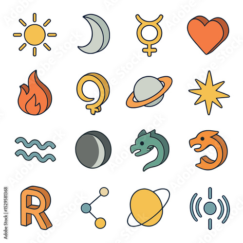 Planetary influences isometric set. Sun symbol, Moon icon, Mercury glyph, Venus heart, Mars flame, Jupiter swirl, Saturn ring, Uranus spark, Neptune wave.