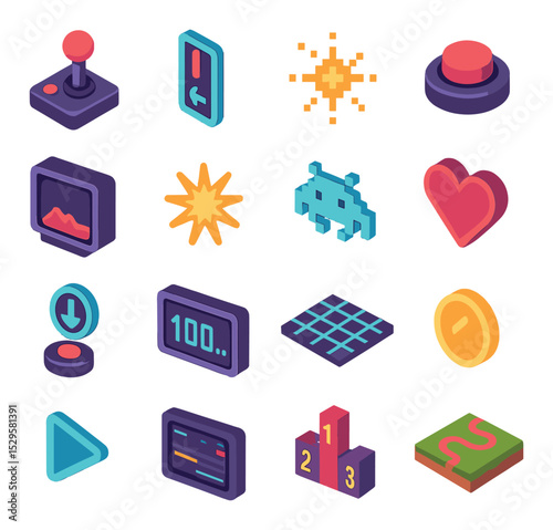 0s arcade symbols isometric set. joystick controller, neon coin slot, pixel explosion, retro cabinet button, CRT arcade screen, level-up flash, pixel alien