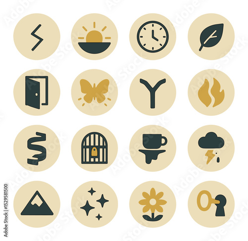 Fortune themes in the ball isometric set. broken path symbol, rising sun glow, clock with no hands, falling leaf, open door image, glowing butterfly, split