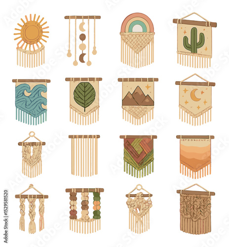 Themed macramé decor isometric set. boho sunburst panel, lunar phase curtain, rainbow pastel wall piece, desert cactus design, ocean wave knots, forest