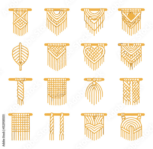 Macramé wall art patterns isometric set. diamond knot layout, chevron fringe pattern, cascading loops design, triangle focal weave, leaf knot motif, boho