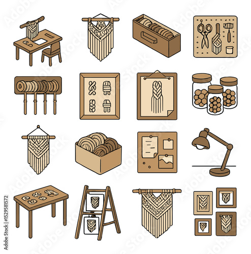 Macramé workspace and display isometric set. crafting desk setup, hanging project in progress, color-sorted cord drawer, pegboard with tools, wall-mounted