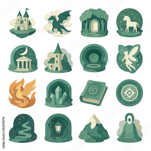 Fantasy papercut worlds isometric set. castle on floating island, dragon flying through clouds, enchanted forest gate, unicorn in glowing glade, magical