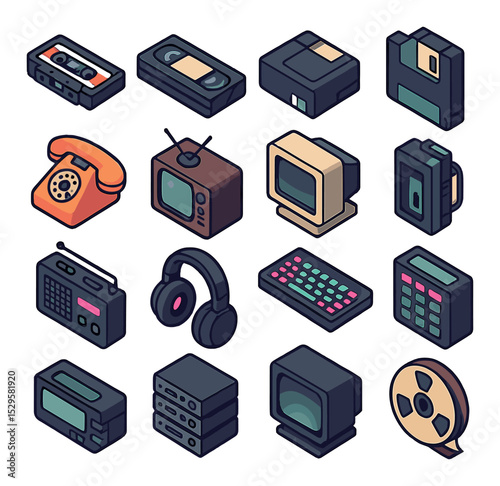 Retro tech visuals isometric set. cassette tape, VHS tape, floppy disk, boombox speaker, rotary phone, analog TV, tube monitor, walkman clip.