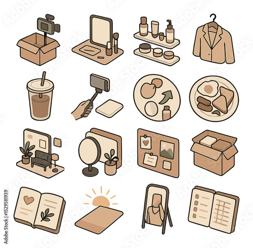 Influencer lifestyle trends isometric set. unboxing video icon, “get ready with me” setup, skincare shelfie, outfit of the day hanger, iced coffee cup.