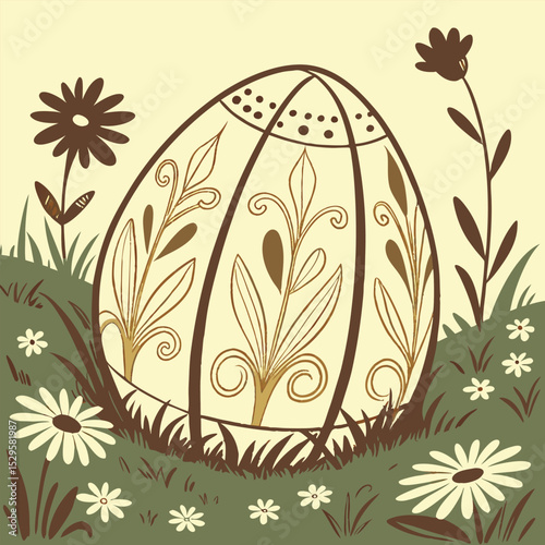 Illustrated easter egg in a field of flowers and grass with brown and beige color scheme, decorative floral elements.