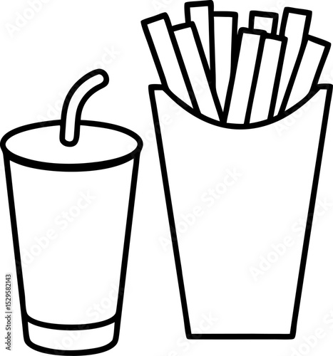 Outline illustration of a fast food meal including french fries and a drink cup vector graphic design element