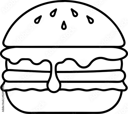 Outline illustration of a classic hamburger featuring buns sesame seeds patty lettuce and melted cheese perfect for food and culinary designs