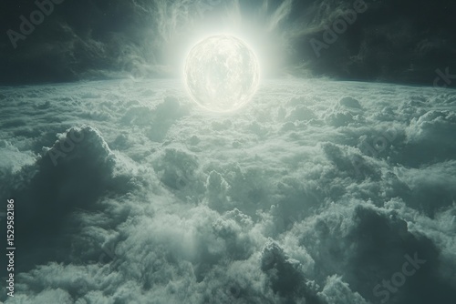 Bright celestial body shines above fluffy clouds in a dramatic sky during the day, creating a surreal and otherworldly atmosphere for viewers captivated by space