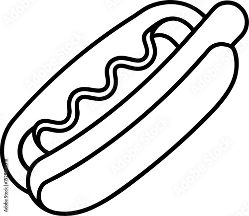 Simple black and white vector illustration of a classic hot dog with mustard on a bun perfect for food related designs or promotional graphics.