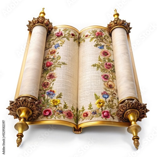 Ornate Floral Scroll on White Background Religious Text