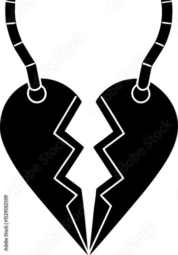 Symbolic black and white illustration of a broken heart pendant indicating sorrow loss and emotional pain concept for valentines day