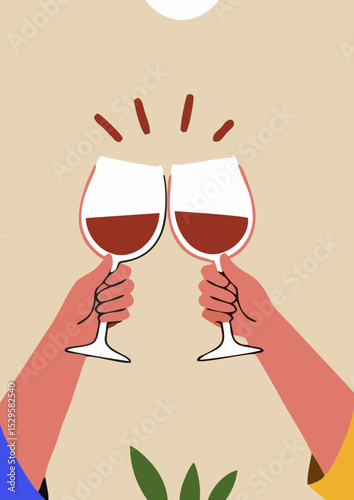 Friendly illustration of two women toasting with wine glasses in a cozy indoor setting