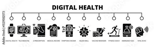 Digital Health banner web icon for health tracker, telemedicine, e-prescription, medical records, symptom checker, neuro well, vaccine reminder, fitness coach, emergency SOS, vital echo
