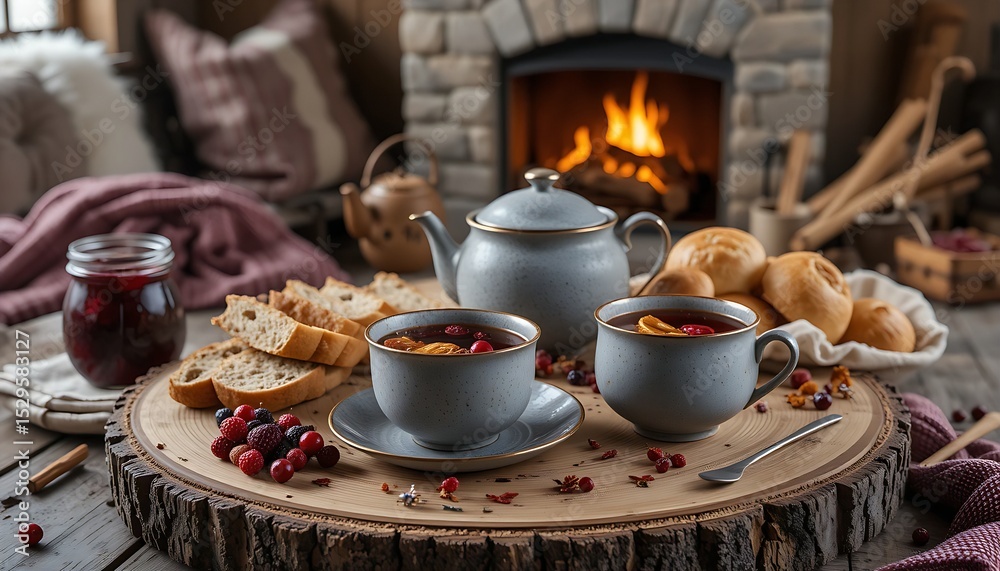 Fototapeta premium A rustic stoneware tea set in muted grays and deep berry hues, with simple, hand-painted patterns. The teacups hold warm berry herbal tea, with floating cranberries and dried orange slices.