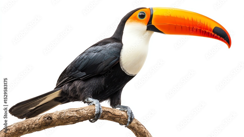 Obraz premium a tropical toucan on a branch clipart, exotic bird, detailed painting, colorful, isolated on white background