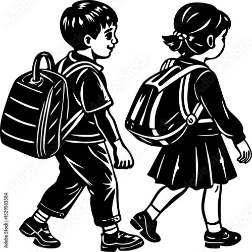 friendship day, Vector illustration of two children walking to school wearing backpacks in a black and white style depicting educational and school theme