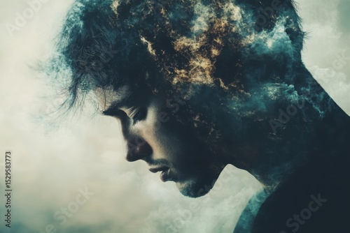 Creative portrayal of a young man's silhouette merging with cosmic elements set against a moody background capturing a sense of introspection and wonder