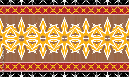 The black border carpet pattern has a pattern arranged in a row and in the middle of the yellow there are beautiful arranged in an orderly manner. fabric patterns, vectors, backgrounds