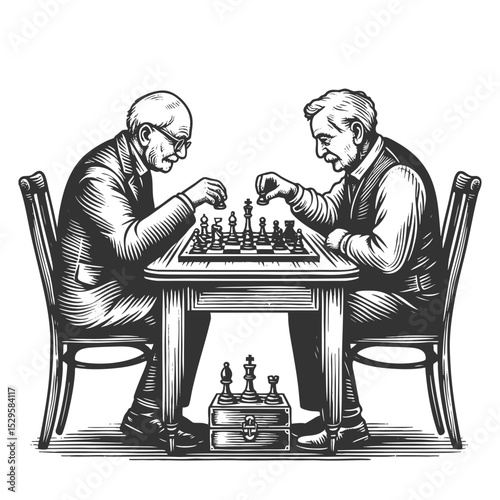 two elderly men concentrating on a game of chess, symbolizing wisdom, strategy, and companionship sketch engraving generative ai vector illustration. Scratch board imitation. Black and white image.