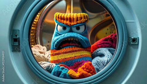 Angered sock puppet inside a washing machine drum, colorful and menacing