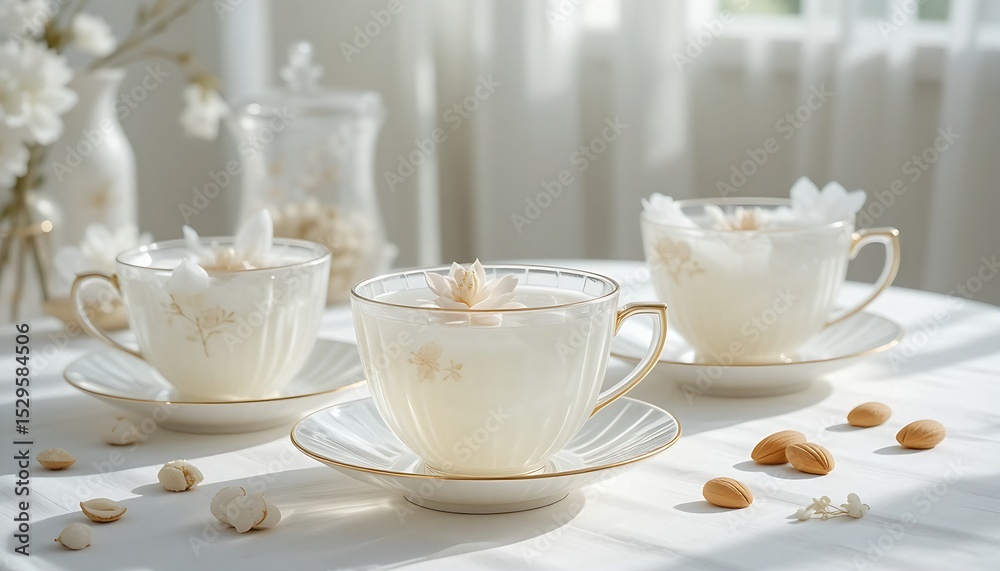 Fototapeta premium A translucent bone china tea set in pure white with delicate gold accents, and a subtly rippled surface. The teacups hold light, ethereal white tea, with a visible flowering tea bloom slowly unfurling