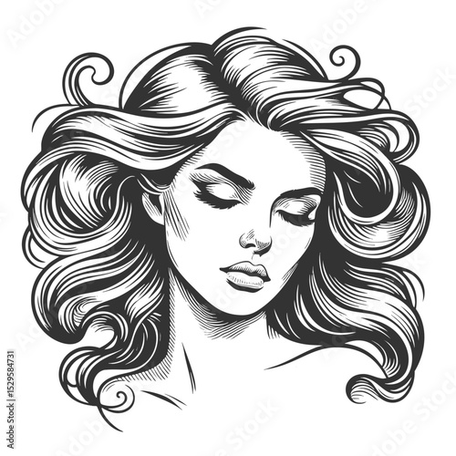 woman with eyes closed and long, wavy hair blowing in the wind, evoking elegance and calm sketch engraving generative ai fictional character vector illustration. Scratch board. Black and white image.