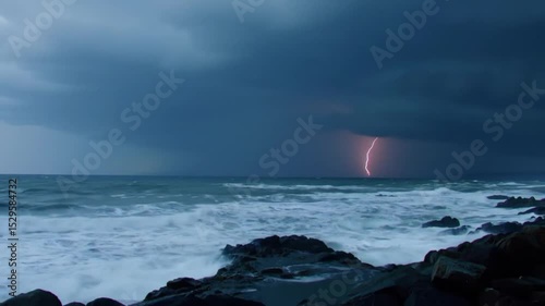 lightning ocean storm, Thunderstorm in distance over sea with dark clouds and lightning bolt illuminating coastline depicting natural danger and severe marine weather