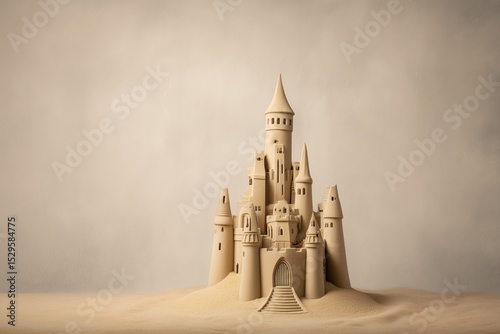 grand sculpted sandcastle with elegant towers on soft beach setting for luxury seaside hotel promotions