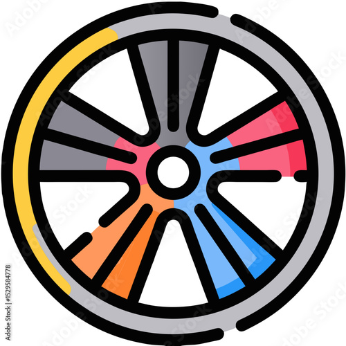 Colorful Stylized Wheel with Radial Spokes and Contrasting Color Segments