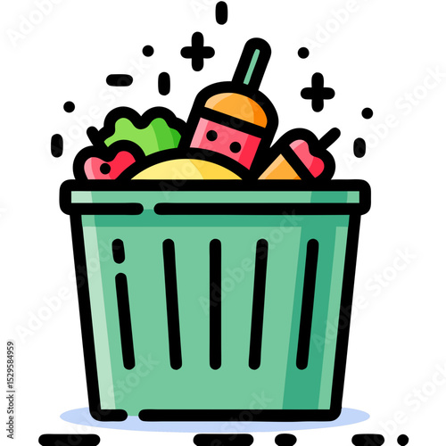 Colorful Trash Can Overflowing with Food Waste and Cleaning Tools