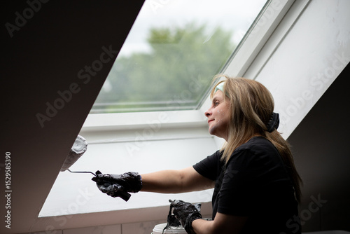Bilde på lerret Focused woman painting ceiling near skylight during home renovation - home_reno