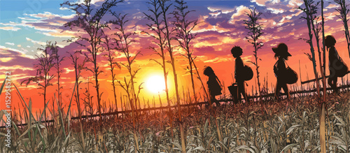 Four children walking home through a field at sunset, carrying bags and baskets