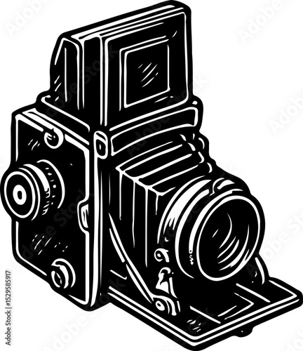 Iconic TLR camera with dual lenses and square structure, inked with bold contours in sketched vintage style