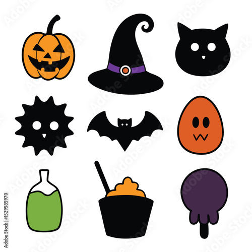 halloween set of vector doodle icon on transparent background