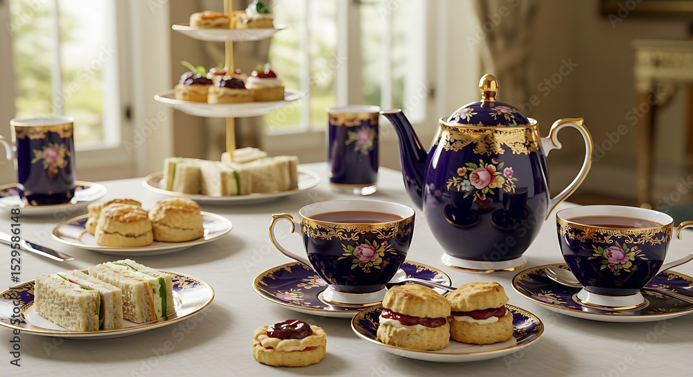 Fototapeta premium A stately porcelain tea set in deep navy and gold, with intricate floral patterns. The teacups hold strong English Breakfast tea, with a splash of milk. The table features delicate finger sandwiches a