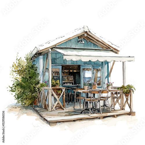 Beachside Cafe Summer Vibes, watercolor painting vector, high quality, isolated on a white background.